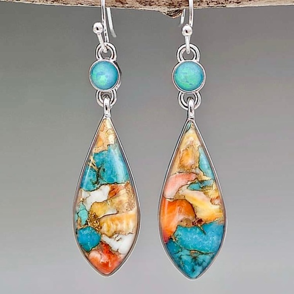 Geometric drop earrings with multicolor stone. - Picture 1 of 3